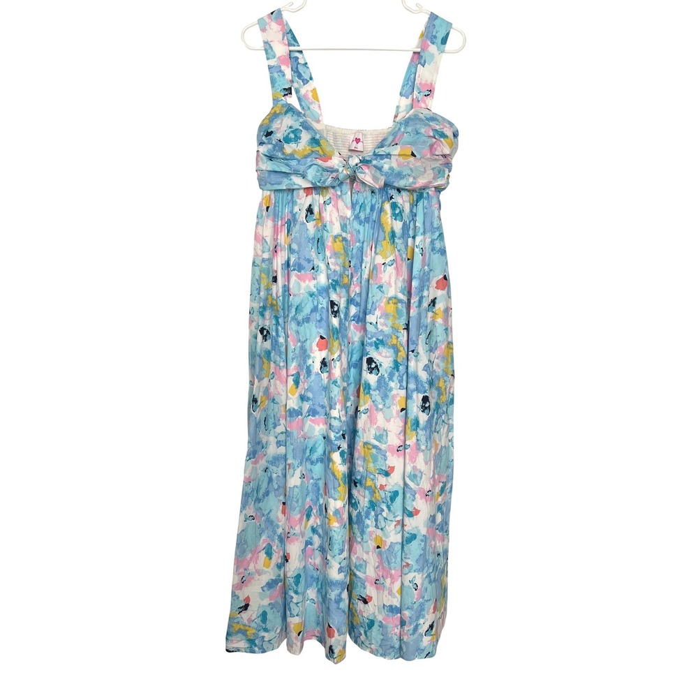 Buddy Love Womens Medium Midi Dress Blue Pastel Watercolor Floral Smocked Pocket